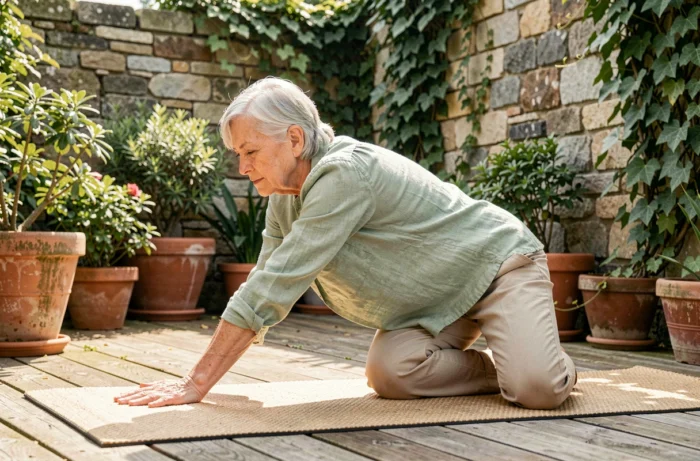 Femme senior faisant des exercices de stretching sur une terrasse en bois entourée de plantes vertes pour améliorer son bien-être quotidien
