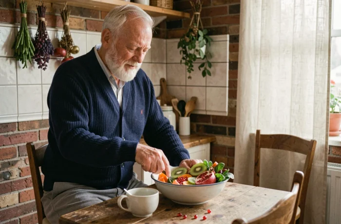 Homem idoso preparando uma tigela de frutas e legumes frescos em uma cozinha rústica, ilustrando uma alimentação saudável para o bem-estar das pessoas idosas