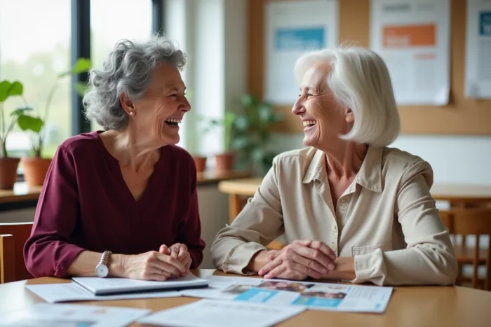 Deux femmes seniors échangeant des conseils et ressources pratiques dans un centre communautaire, illustrant l'entraide et l'information pour bien vieillir