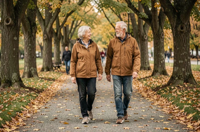 Dois idosos caminhando juntos em um parque no outono, atividade física diária recomendada para o bem-estar das pessoas idosas