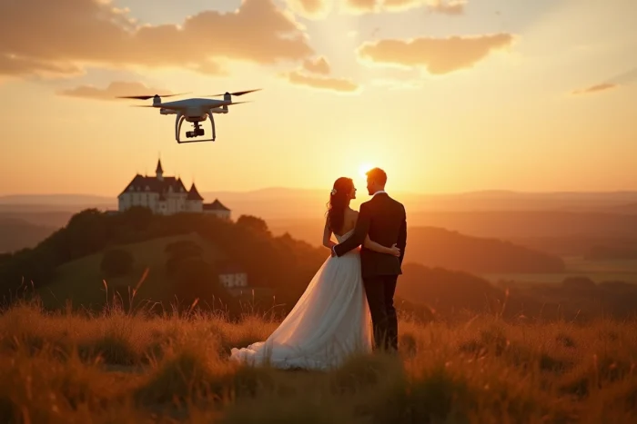 Couple de mariés sur une colline au coucher du soleil avec un drone professionnel capturant la séquence aérienne