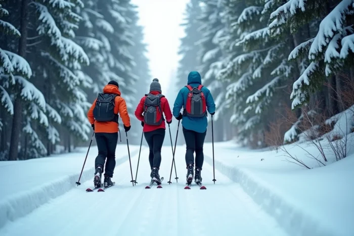 Groupe d'adultes en ski de fond sur un sentier forestier enneigé en Autriche lors des vacances d'hiver