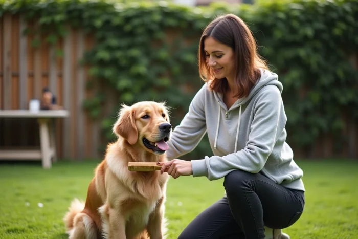 Femme qui brosse son golden retriever dans un jardin verdoyant, soin quotidien du chien à domicile
