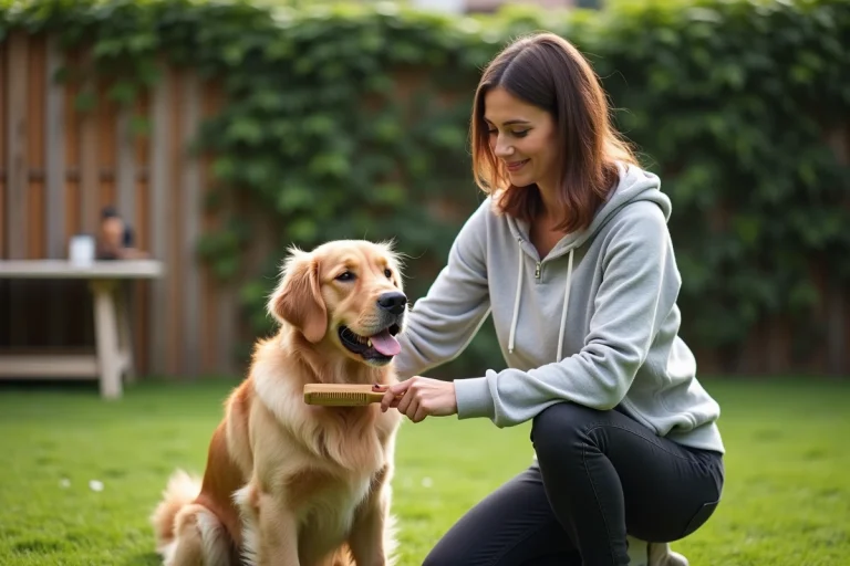Femme qui brosse son golden retriever dans un jardin verdoyant, soin quotidien du chien à domicile