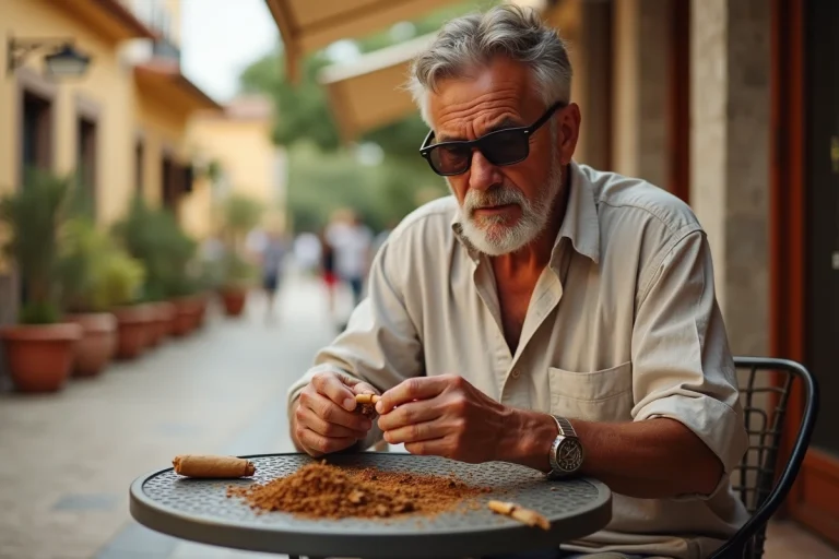 Homme roulant une cigarette avec du tabac à rouler sur une terrasse de café en Espagne