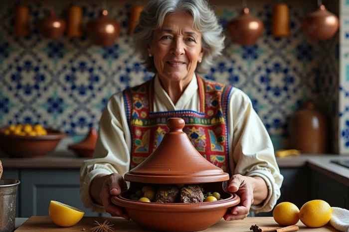 Femme marocaine préparant un tajine traditionnel aux épices dans une cuisine authentique avec carrelage zellige