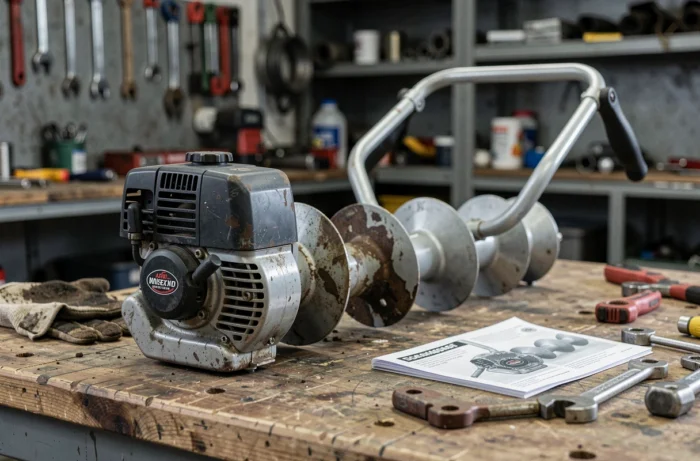 Tarière thermique professionnelle posée sur un établi de garage avec ses accessoires et forets