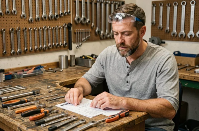 Technicien comparant des outils professionnels et des fiches techniques dans un atelier de travail