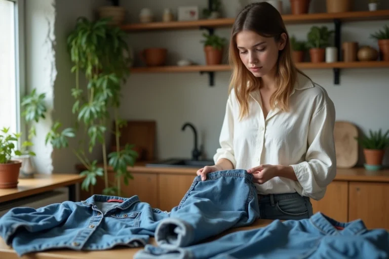 Jeune femme qui trie des vêtements d'occasion sur une table en bois dans sa cuisine, examinant une veste en jean vintage pour un rachat de vêtements
