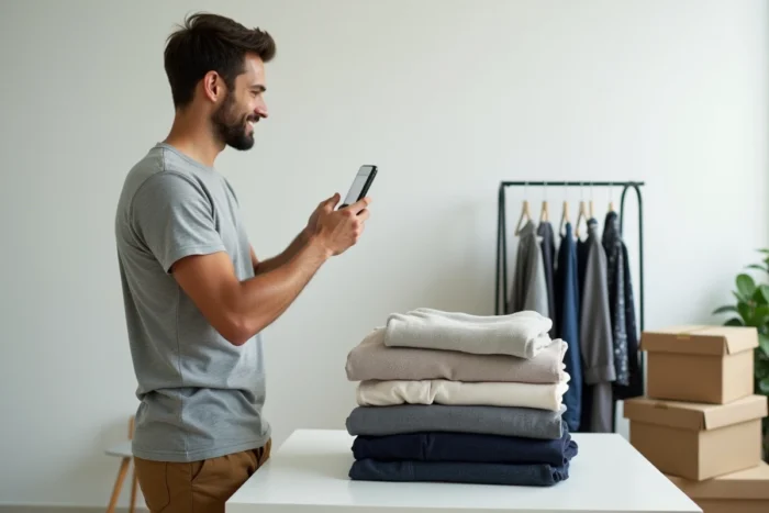 Homme qui photographie ses vêtements d'occasion avec son smartphone pour les vendre sur une plateforme de rachat de vêtements comme Ding Fring