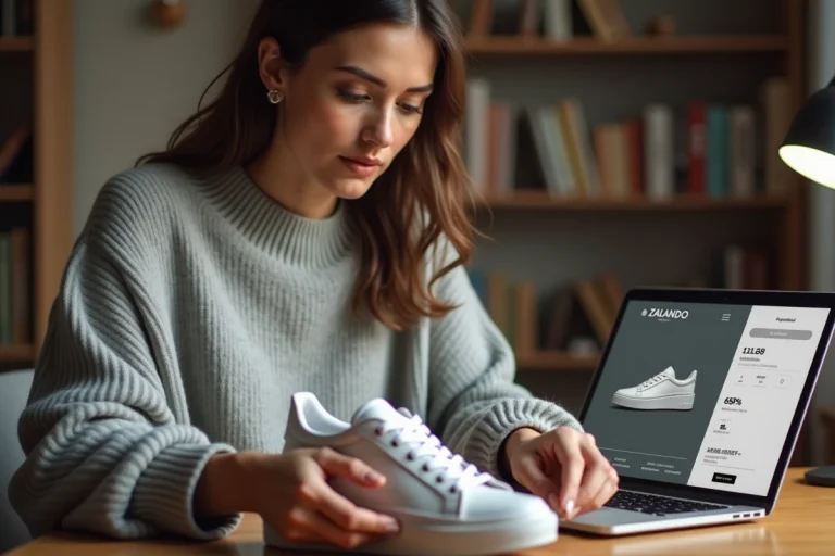 Femme inspectant l'authenticité d'une paire de baskets blanches achetée sur Zalando, vue en plan rapproché