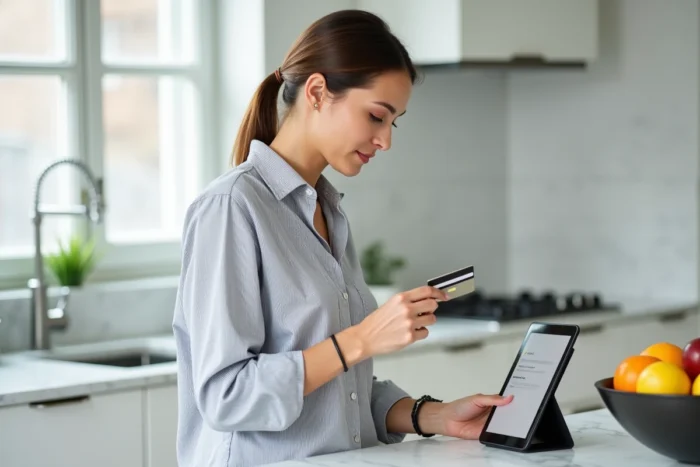 Femme vérifiant son compte PayPal sur une tablette avec une carte bancaire à la main dans une cuisine moderne