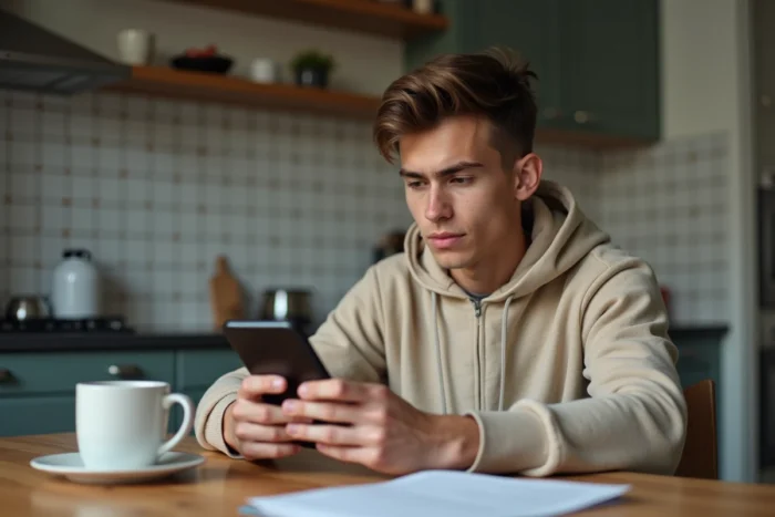 Jeune adulte vérifiant son espace personnel France Travail sur smartphone pour corriger une erreur de paiement