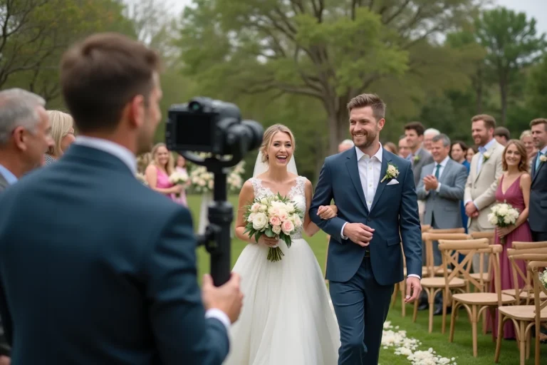 Vidéaste filmant un couple de mariés lors d'une cérémonie en plein air avec caméra sur cardan, invités et décors floraux en arrière-plan