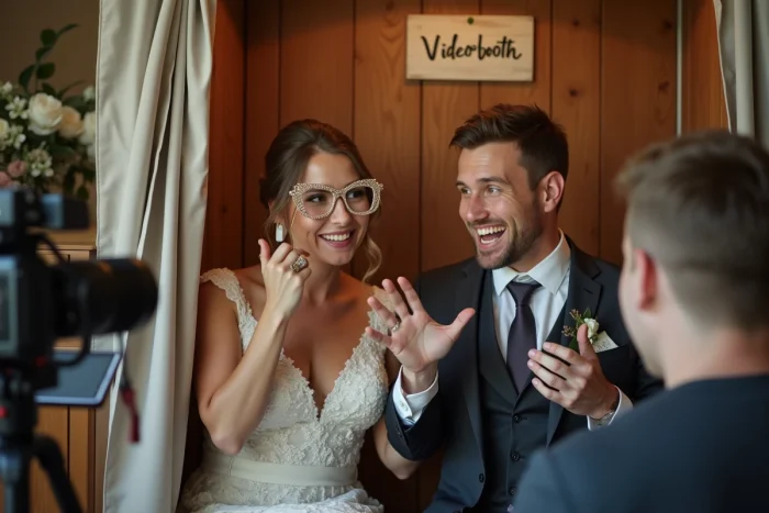 Couple d'invités participent à une mini-interview spontanée dans un videobooth en bois lors d'un mariage