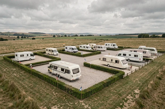 Vue aérienne d'un camping organisé montrant des emplacements de tailles différentes avec des camping-cars garés pour illustrer les dimensions idéales de terrain de stationnement
